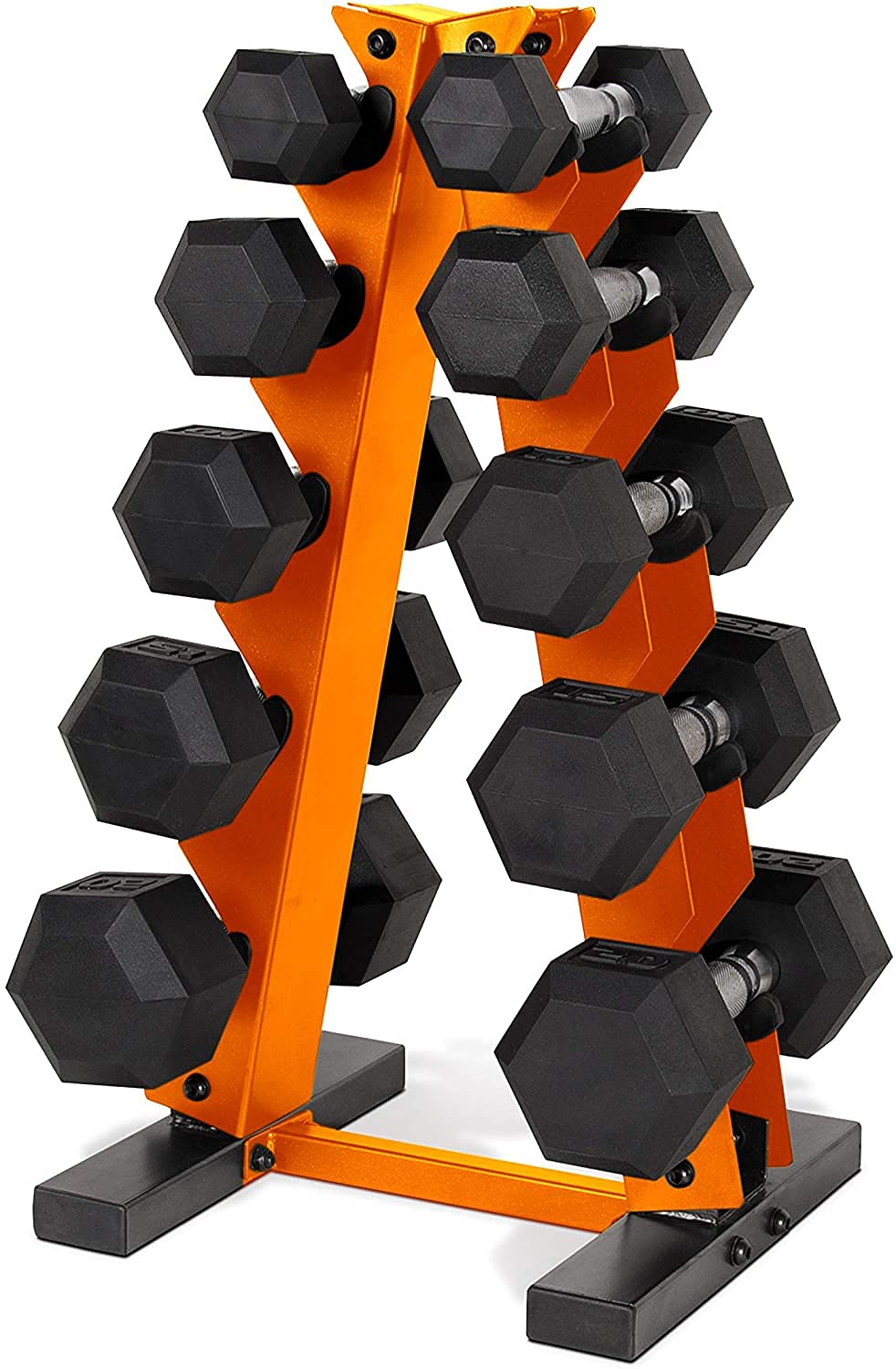 CAP Barbell A-Frame Dumbbell Weight Rack Orange with CAP 50lb Coated Hex Dumbbells 5x2 20x2 & 10x2 15x2 & 25x2 Part of 150lb Set